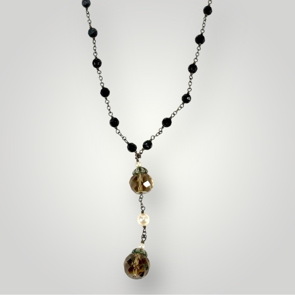 Sage Brand Y-Drop Black Glass Bead & Faux Pearl Necklace 16.5” - Picture 1 of 5